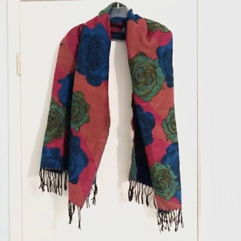 Rose Patterned Colorful Fringed Scarf/ Shawl - Picture 2 of 3